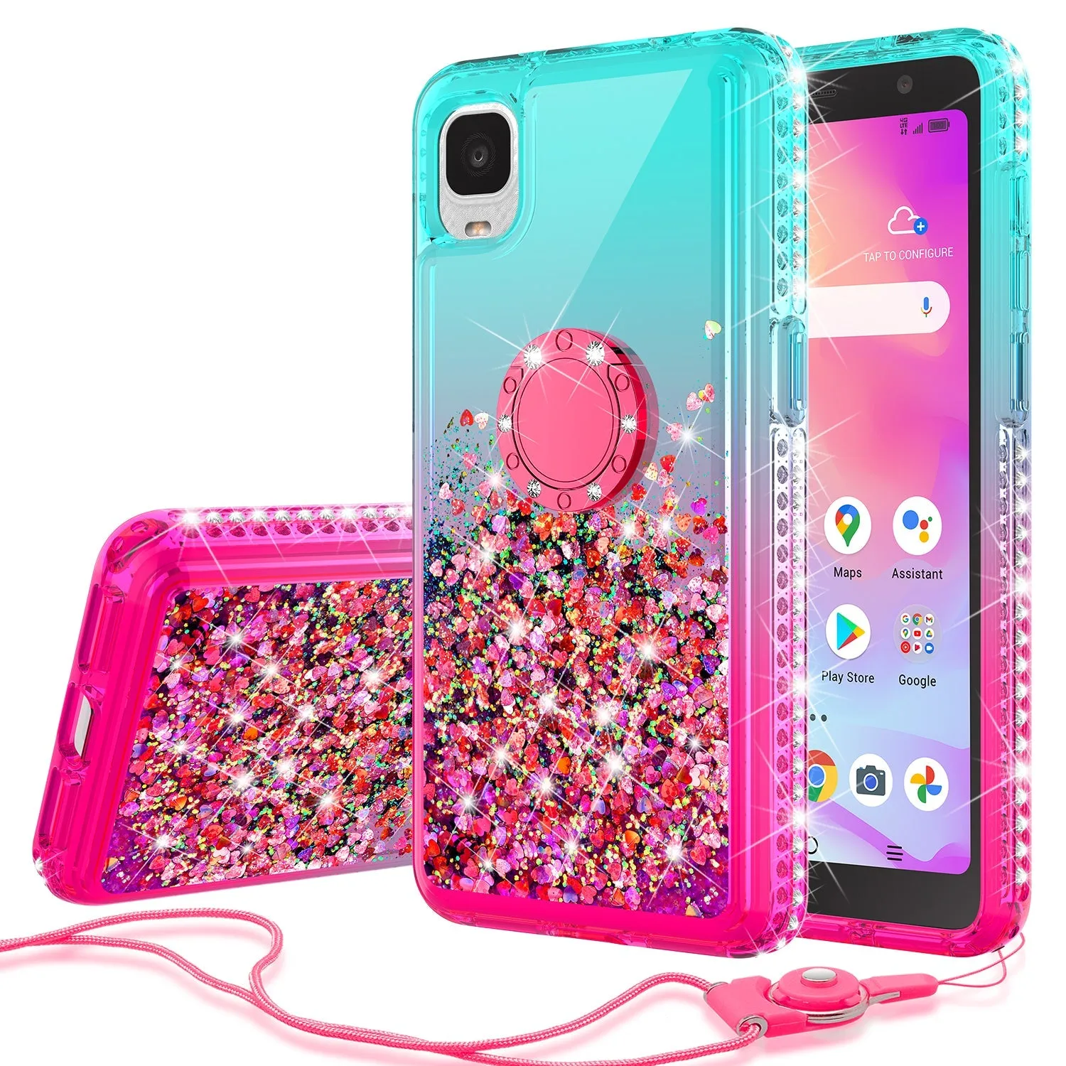 Glitter Phone Case Kickstand Compatible for TCL Ion Z/A3Case, TCL Ion Z/A3 Case,Ring Stand Liquid Floating Quicksand Bling Sparkle Protective Girls Women for TCL Ion Z/A3 W/Temper Glass - (Teal/Pink Gradient)