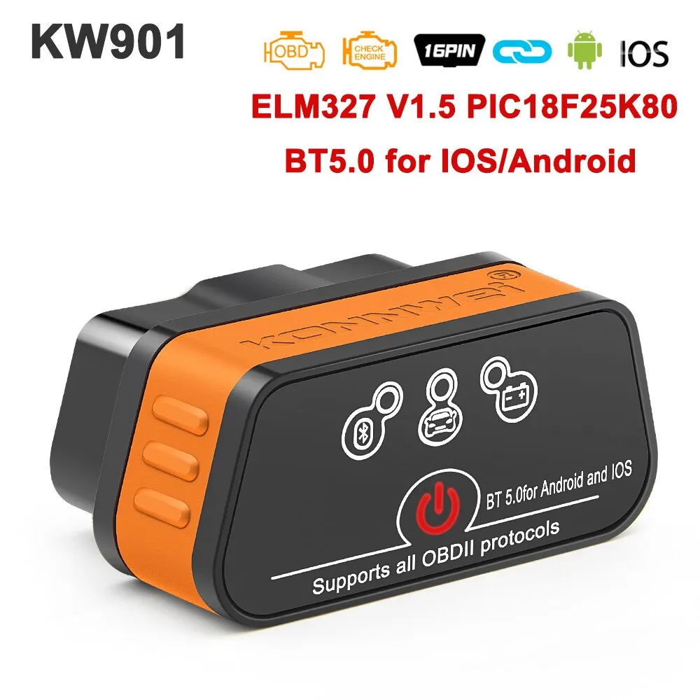 KONNWEI KW901 ELM327 V1.5 PIC18f25k80 Bluetooth 5.0 OBD2 Scanner ELM 327 V1 5 Auto OBD 2 Car Diagnostic Tools PK Vgate iCar2