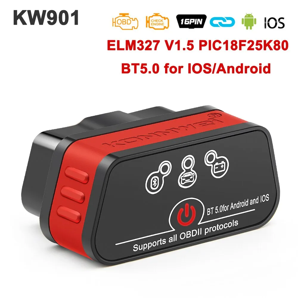 KONNWEI KW901 ELM327 V1.5 PIC18f25k80 Bluetooth 5.0 OBD2 Scanner ELM 327 V1 5 Auto OBD 2 Car Diagnostic Tools PK Vgate iCar2