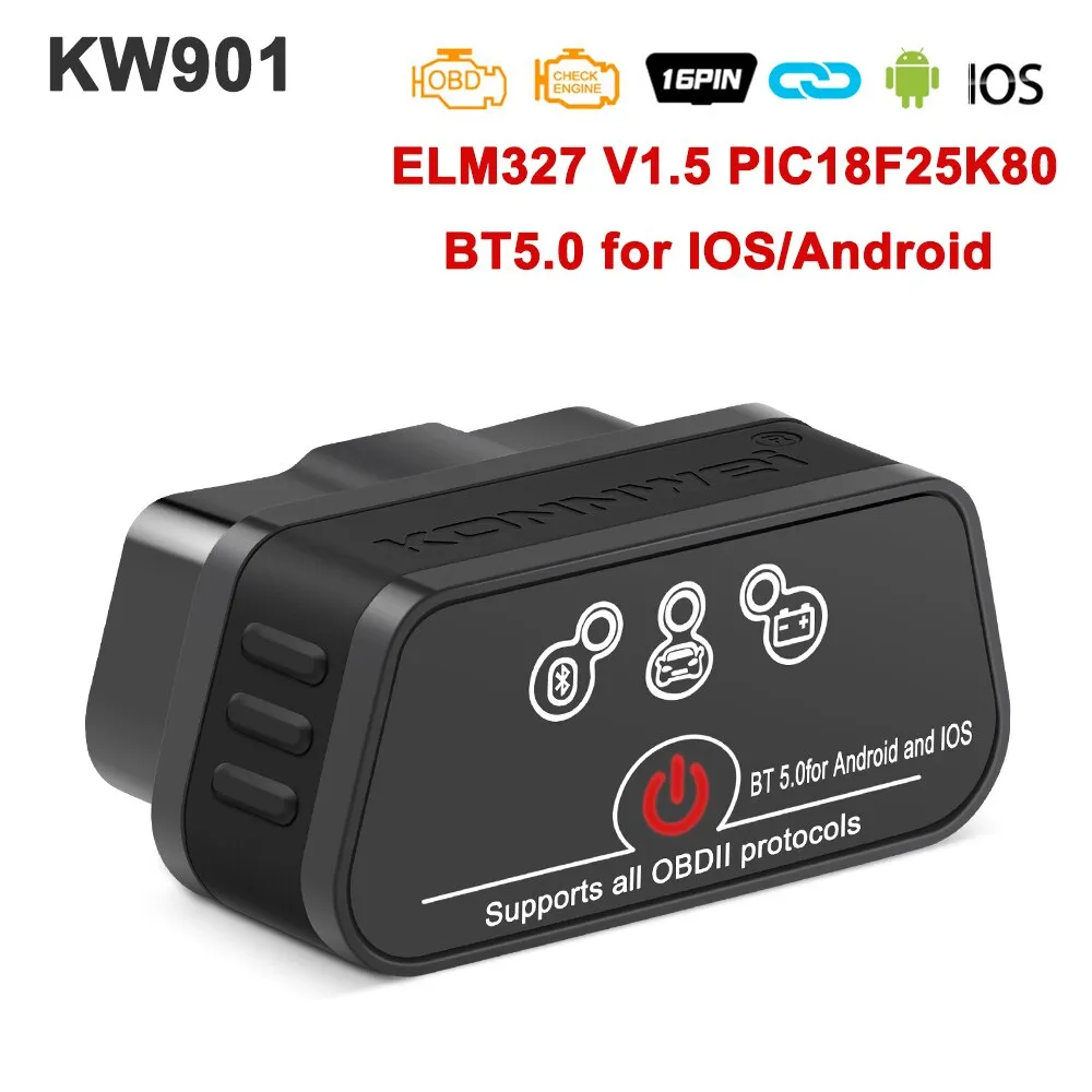 KONNWEI KW901 ELM327 V1.5 PIC18f25k80 Bluetooth 5.0 OBD2 Scanner ELM 327 V1 5 Auto OBD 2 Car Diagnostic Tools PK Vgate iCar2