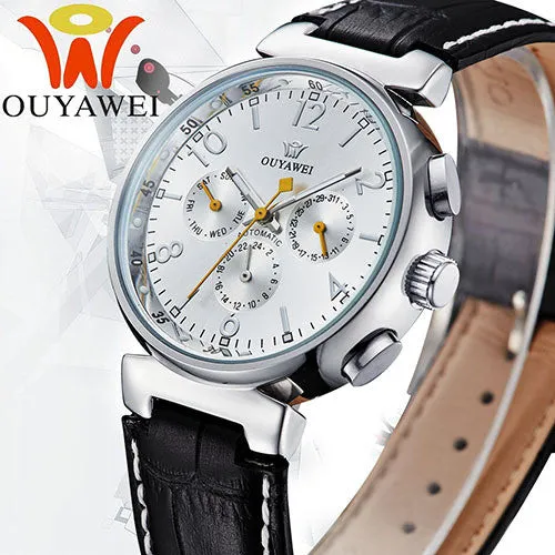 Leather Waterproof Watch Men Luxury Brand Black Round Face Analog Display Elegant Quartz Watch