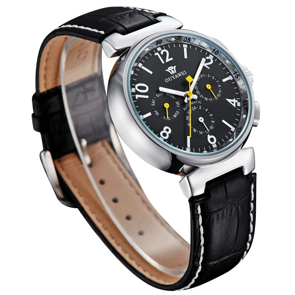 Leather Waterproof Watch Men Luxury Brand Black Round Face Analog Display Elegant Quartz Watch