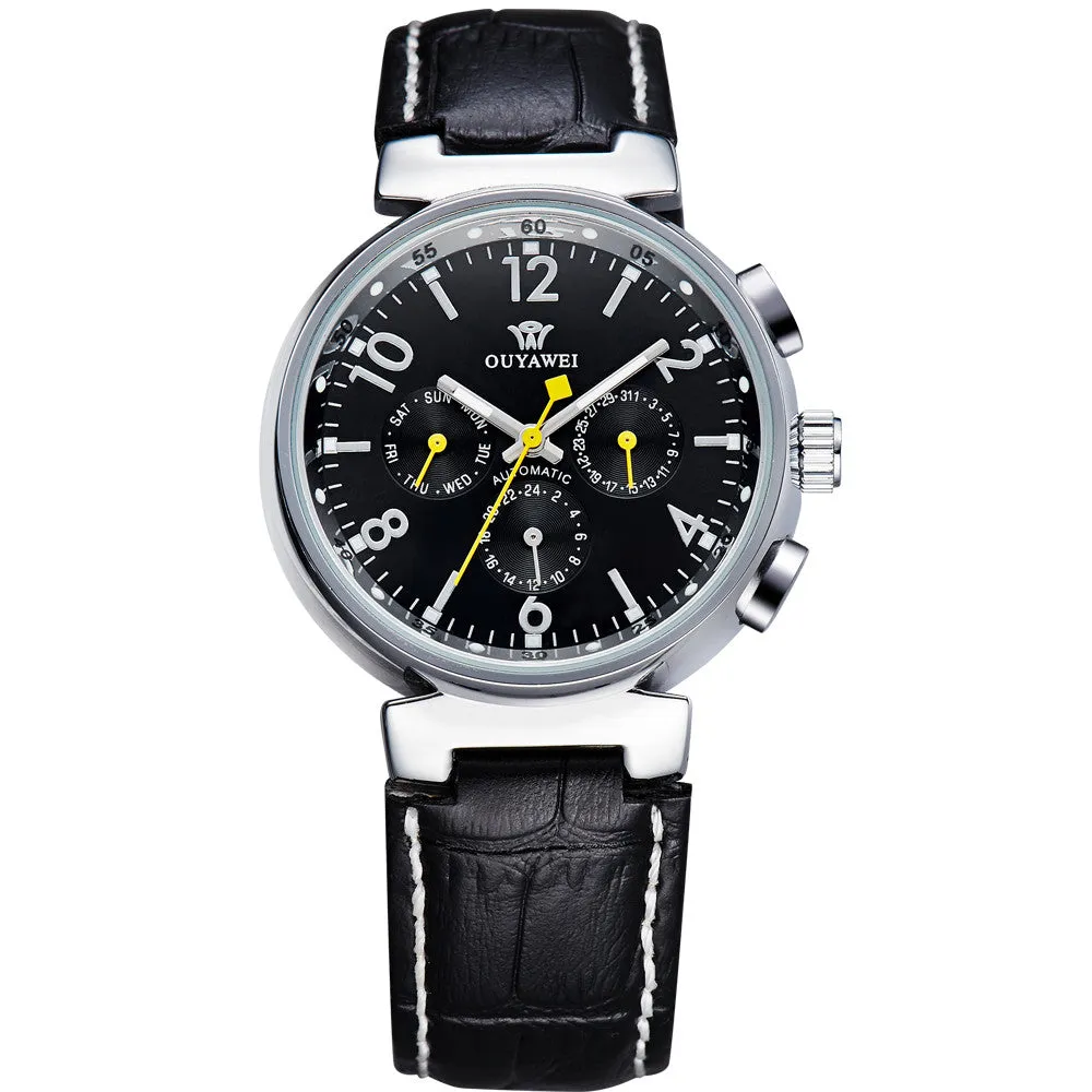 Leather Waterproof Watch Men Luxury Brand Black Round Face Analog Display Elegant Quartz Watch