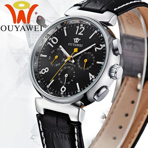 Leather Waterproof Watch Men Luxury Brand Black Round Face Analog Display Elegant Quartz Watch