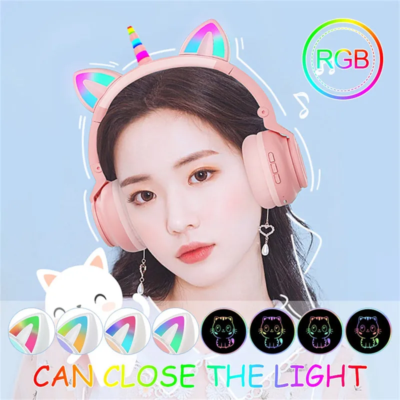 LED Kid Girl Cute Cat Ears Unicorn Luminous Wireless Headphone