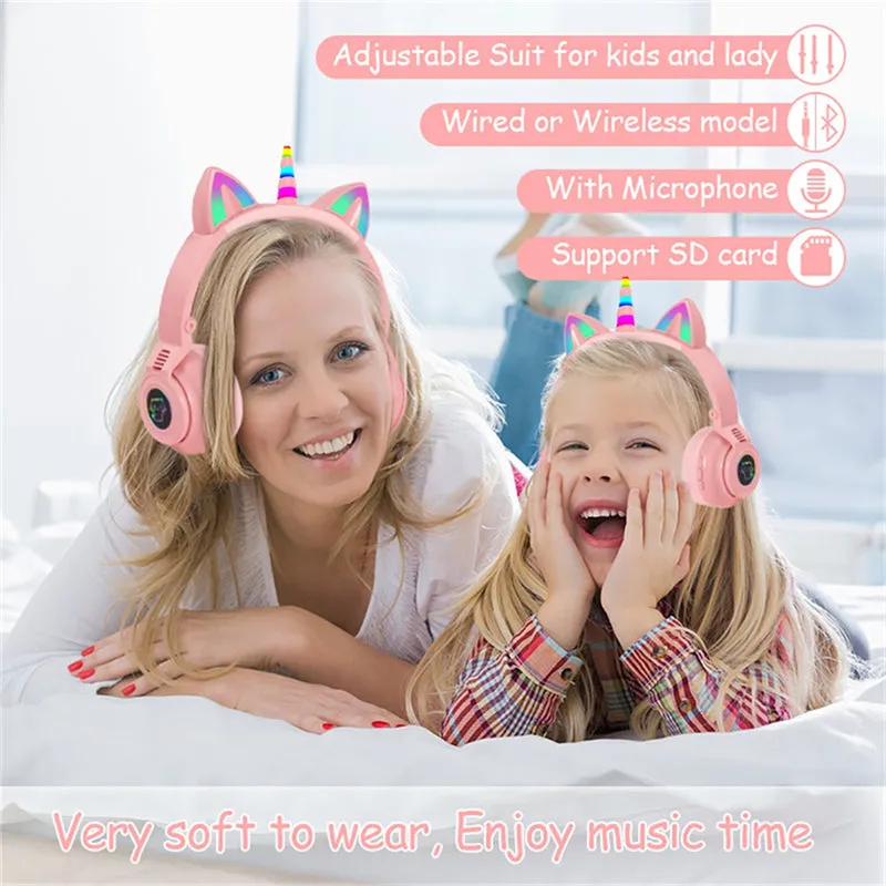 LED Kid Girl Cute Cat Ears Unicorn Luminous Wireless Headphone