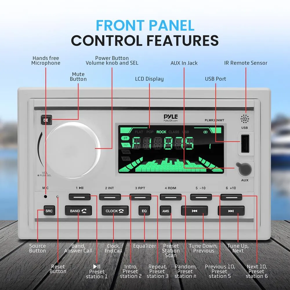 Marine Stereo Receiver Power Amplifier & Speaker Kit - Am/Fm/Mp3/Bt/Usb/Aux, Marine Stereo Receiver, Double Din, 30 Preset Memory Stations, Lcd Display With Remote Control & 1 Pair Of Plmr60W