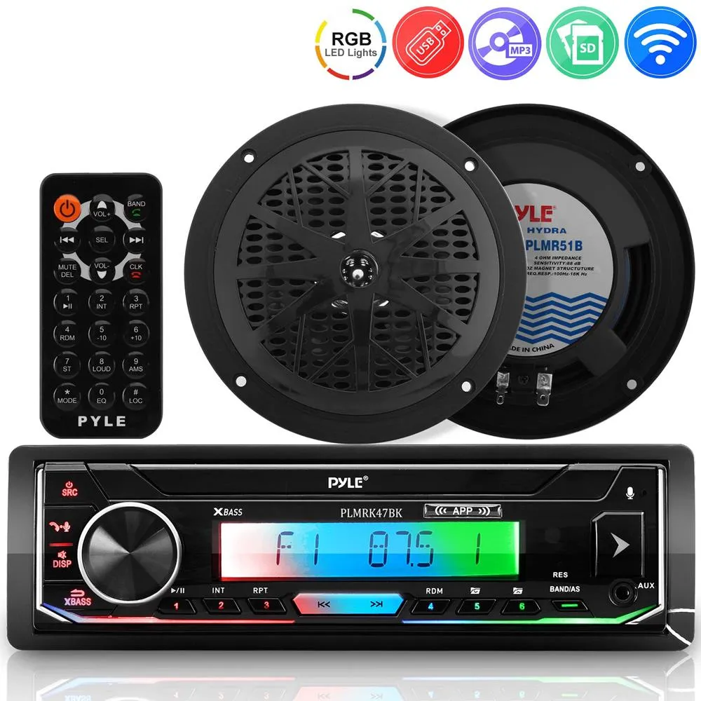 Marine Stereo Receiver Speaker Kit Am/Fm/Mp3/Usb/Aux/Sd Card Reader, Single Din, 30 Preset Memory Stations, 2 Speakers Lcd Display With Remote Control