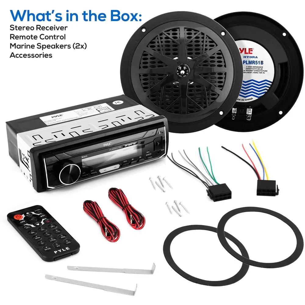 Marine Stereo Receiver Speaker Kit Am/Fm/Mp3/Usb/Aux/Sd Card Reader, Single Din, 30 Preset Memory Stations, 2 Speakers Lcd Display With Remote Control