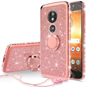 Motorola Moto E5 Play , e5 Cruise, E5 GO Case, Glitter Cute Phone Case Girls with Kickstand, Bling Diamond Rhinestone Bumper Ring Stand Sparkly Luxury Clear Thin Soft Protective Cover for Girl Women - Rose Gold