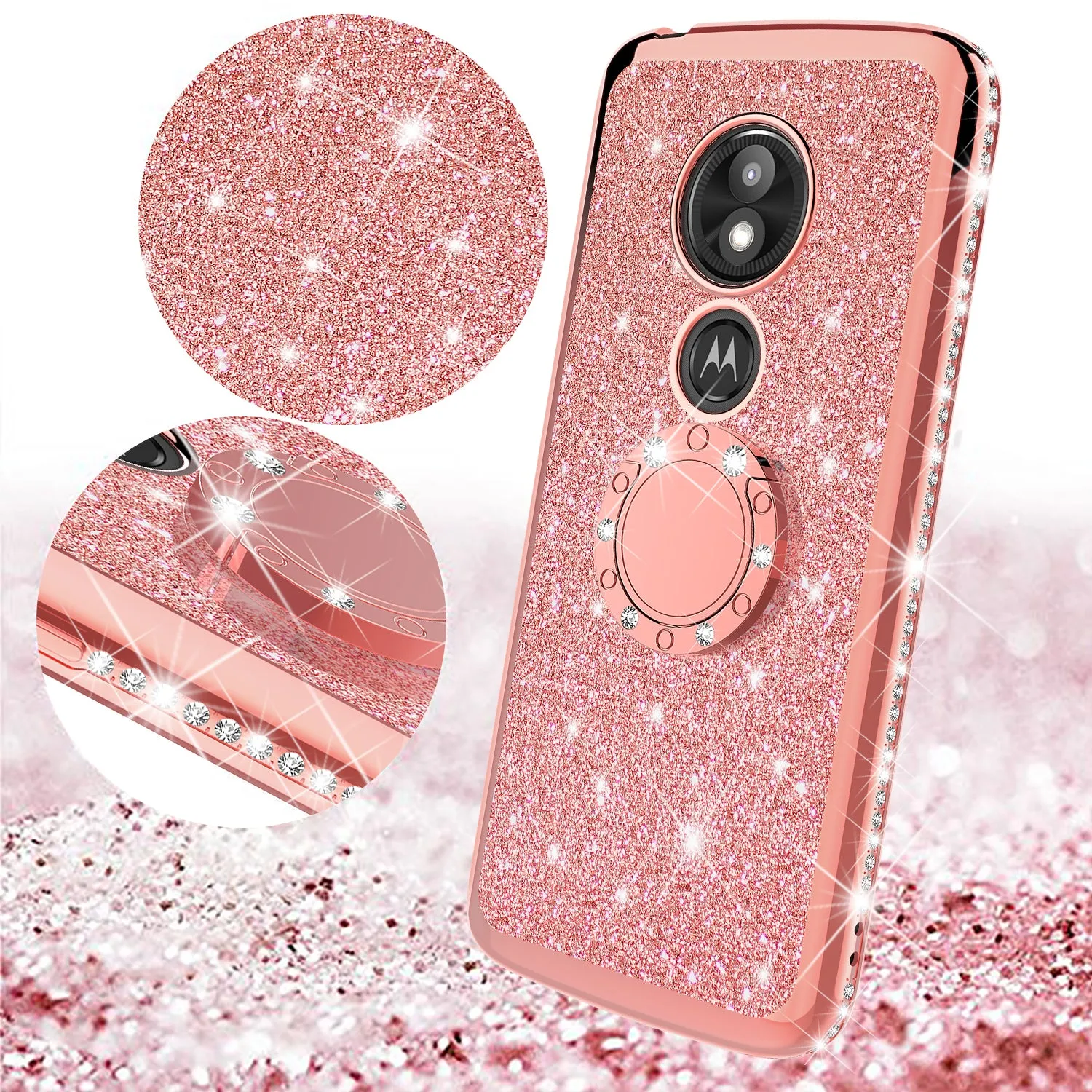 Motorola Moto E5 Play , e5 Cruise, E5 GO Case, Glitter Cute Phone Case Girls with Kickstand, Bling Diamond Rhinestone Bumper Ring Stand Sparkly Luxury Clear Thin Soft Protective Cover for Girl Women - Rose Gold