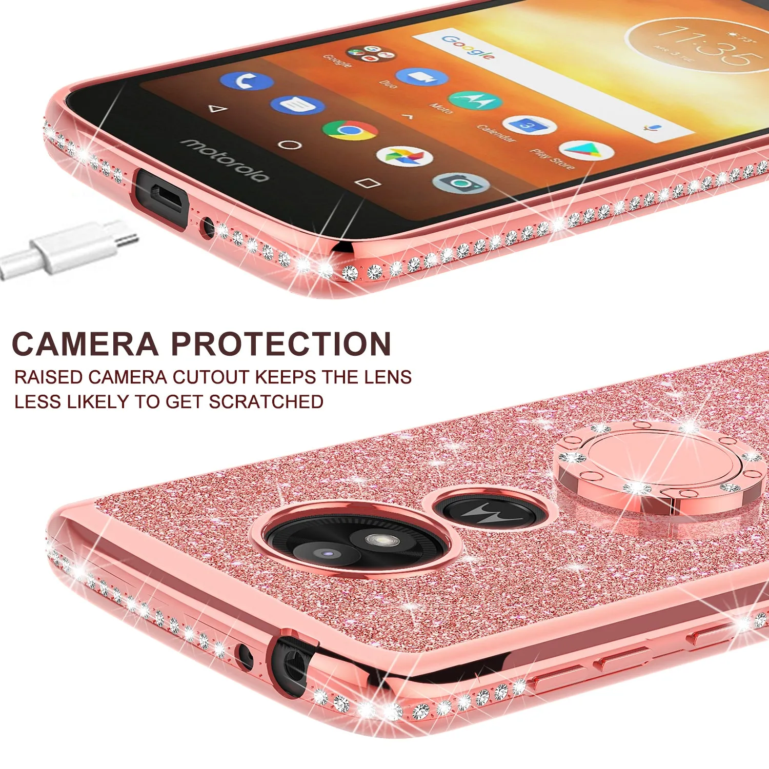 Motorola Moto E5 Play , e5 Cruise, E5 GO Case, Glitter Cute Phone Case Girls with Kickstand, Bling Diamond Rhinestone Bumper Ring Stand Sparkly Luxury Clear Thin Soft Protective Cover for Girl Women - Rose Gold