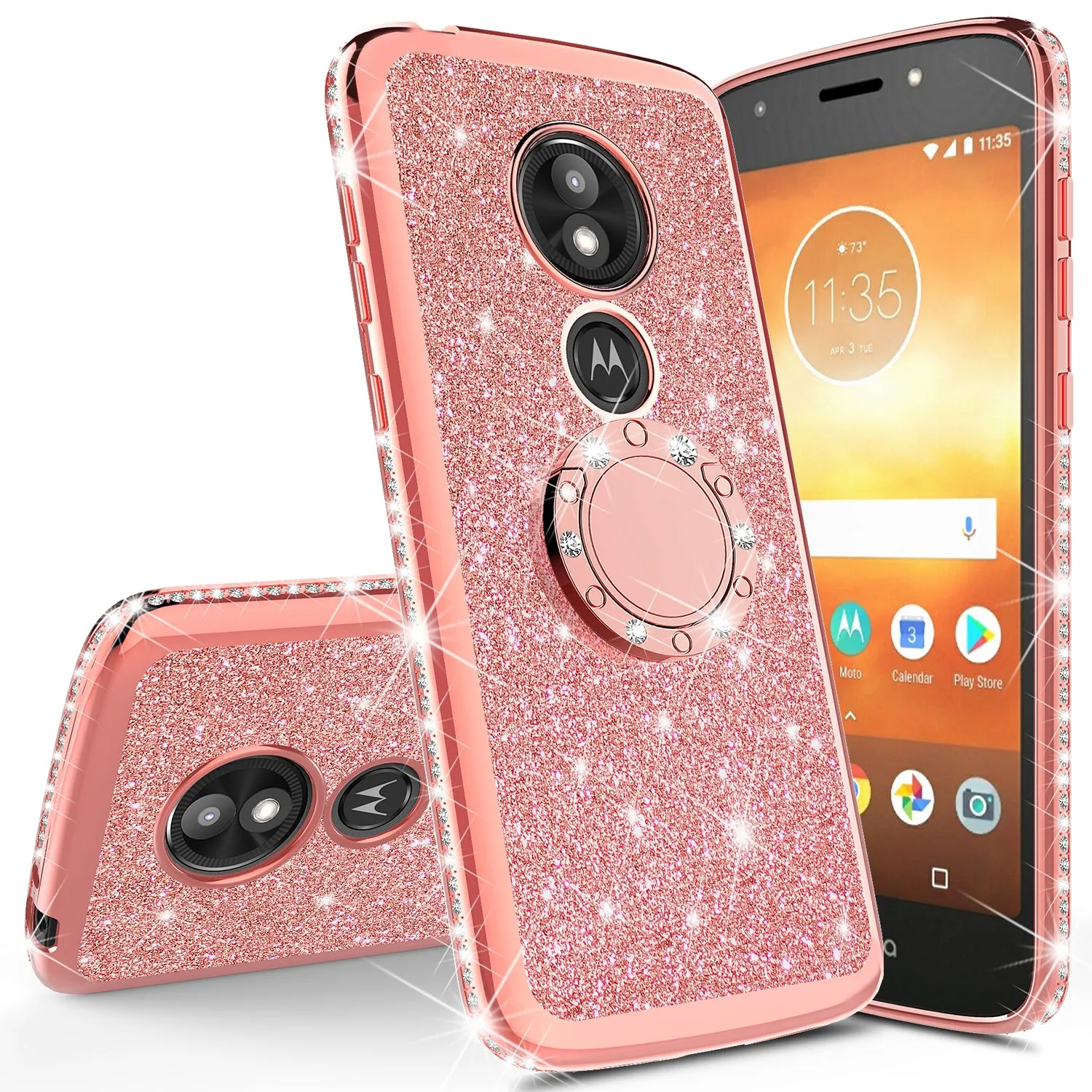 Motorola Moto E5 Play , e5 Cruise, E5 GO Case, Glitter Cute Phone Case Girls with Kickstand, Bling Diamond Rhinestone Bumper Ring Stand Sparkly Luxury Clear Thin Soft Protective Cover for Girl Women - Rose Gold