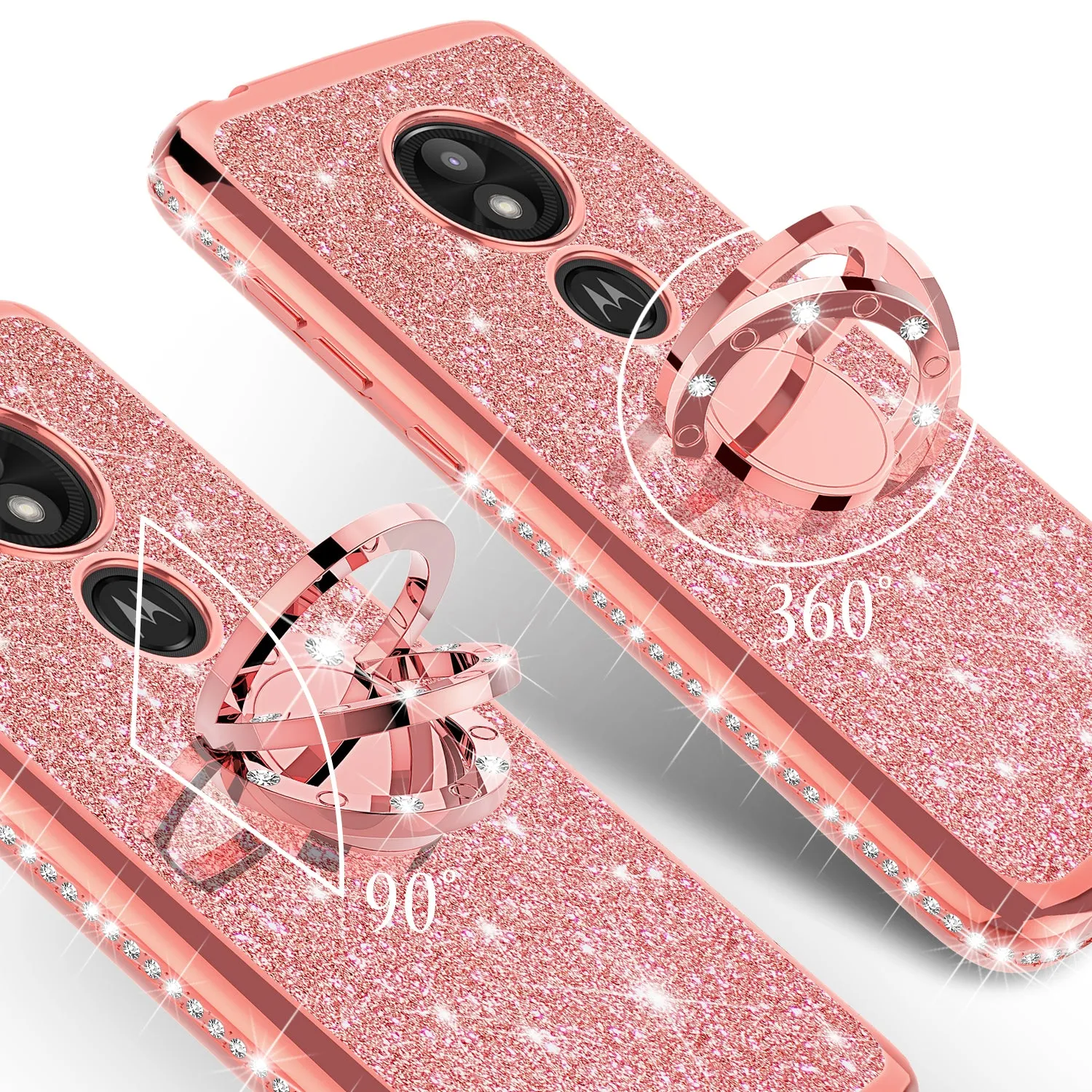 Motorola Moto E5 Play , e5 Cruise, E5 GO Case, Glitter Cute Phone Case Girls with Kickstand, Bling Diamond Rhinestone Bumper Ring Stand Sparkly Luxury Clear Thin Soft Protective Cover for Girl Women - Rose Gold