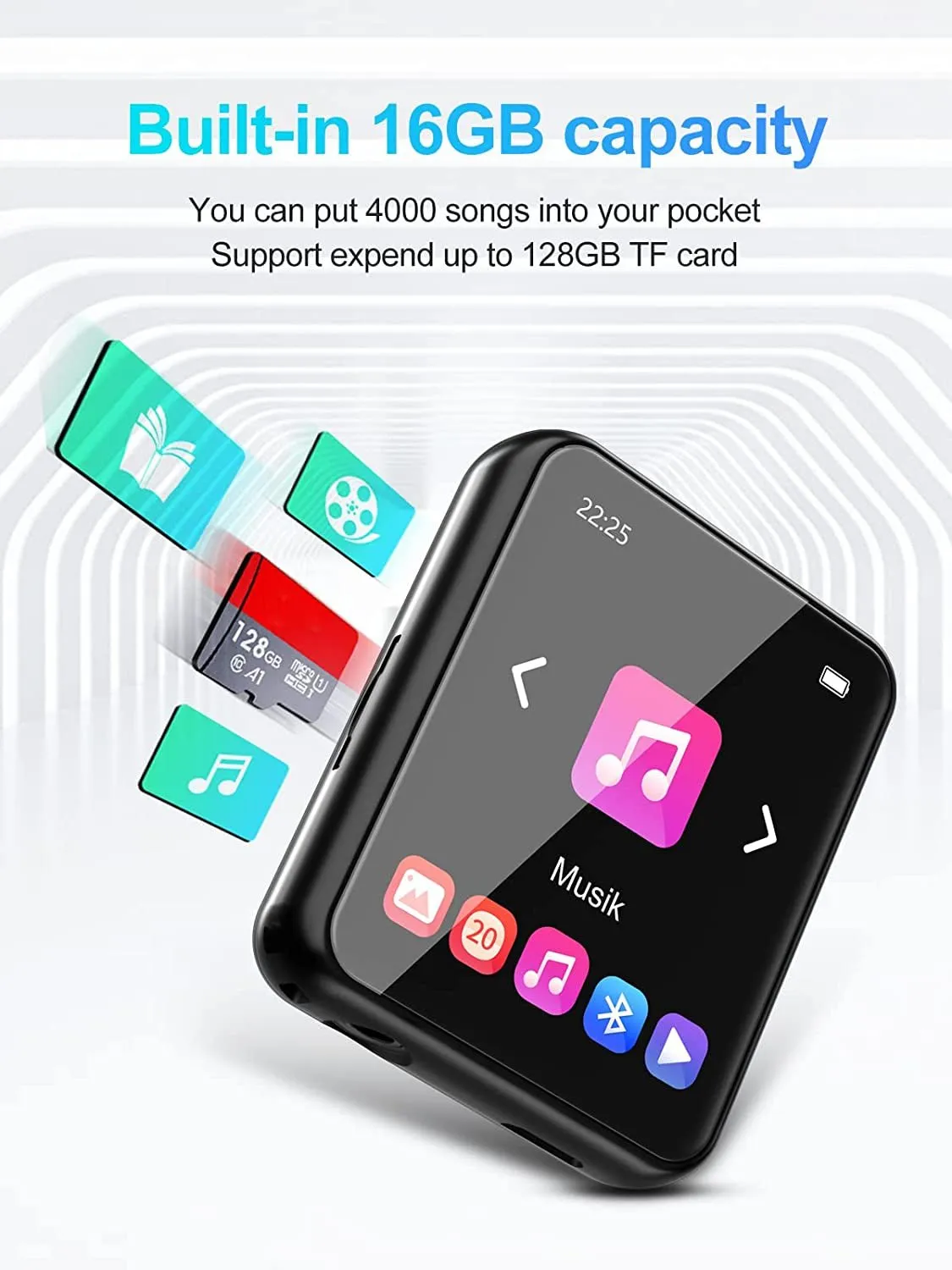 MP3 Player with Bluetooth 5.0, 16GB Portable High Fidelity Lossless Sound Quality Music Player, Full Touchscreen MP3 Player with Speaker, FM Radio, Recording, Pedometer, E-Book, Support up to 128GB