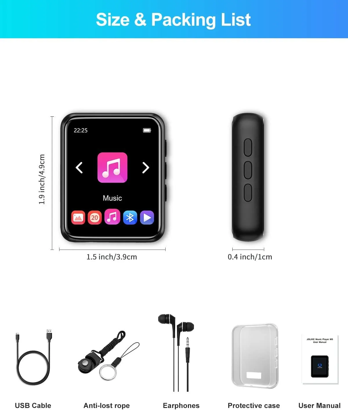 MP3 Player with Bluetooth 5.0, 16GB Portable High Fidelity Lossless Sound Quality Music Player, Full Touchscreen MP3 Player with Speaker, FM Radio, Recording, Pedometer, E-Book, Support up to 128GB