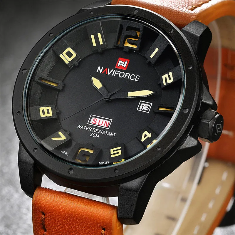 NAVIFORCE Luxury Brand Leather Strap Analog Men's Quartz Hour Date Clock Fashion Casual Sports Watches Men Military Wrist Watch