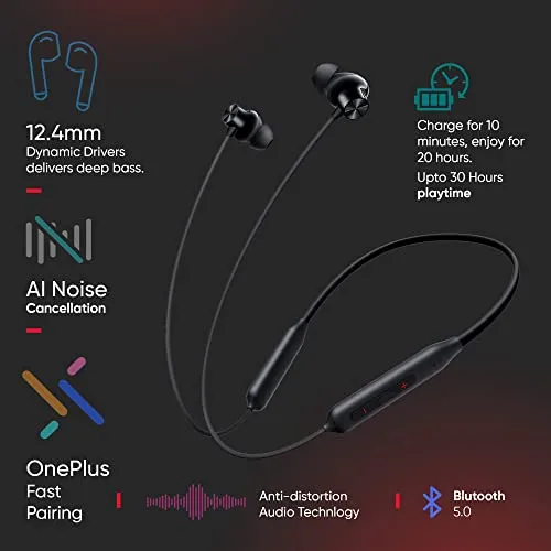 OnePlus Bullets Z2 Bluetooth Wireless in Ear Earphones with Mic, Bombastic Bass - 12.4 Mm Drivers, 10 Mins Charge - 20 Hrs Music, 30 Hrs Battery Life (Magico Black)