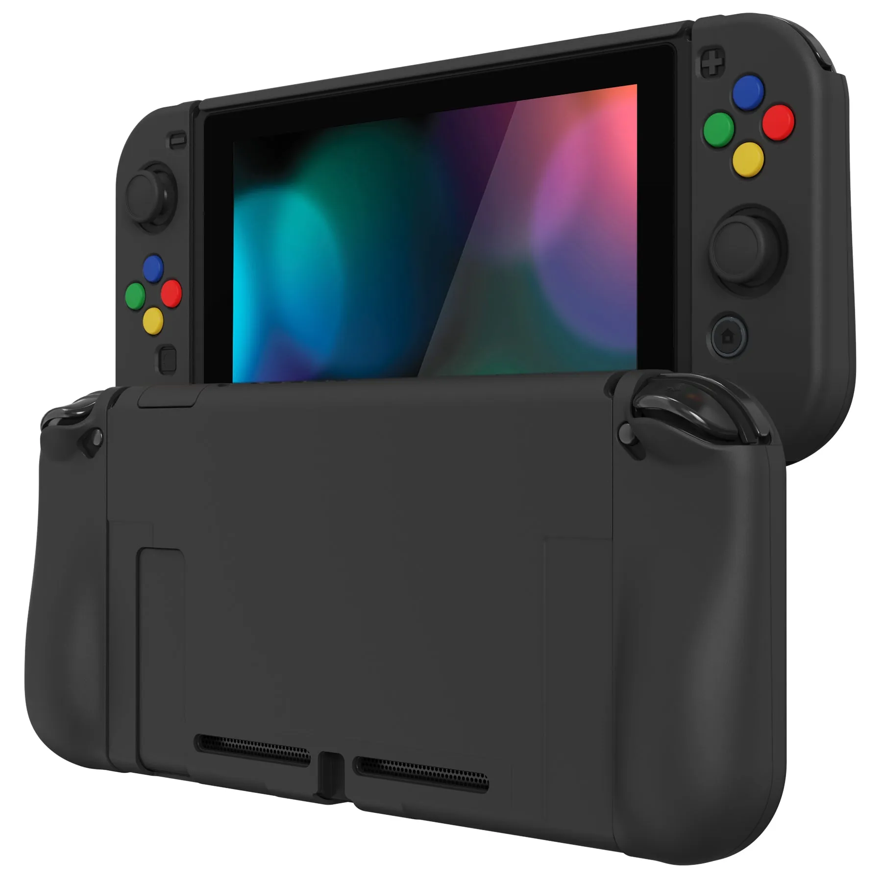 PlayVital AlterGrips Dockable Protective Case Ergonomic Grip Cover for Nintendo Switch, Interchangeable Joycon Cover w/Screen Protector & Thumb Grip Caps & Button Caps - Black - TNSYP3011