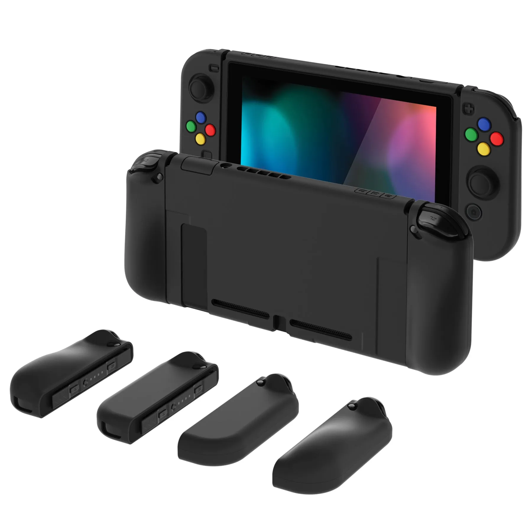 PlayVital AlterGrips Dockable Protective Case Ergonomic Grip Cover for Nintendo Switch, Interchangeable Joycon Cover w/Screen Protector & Thumb Grip Caps & Button Caps - Black - TNSYP3011