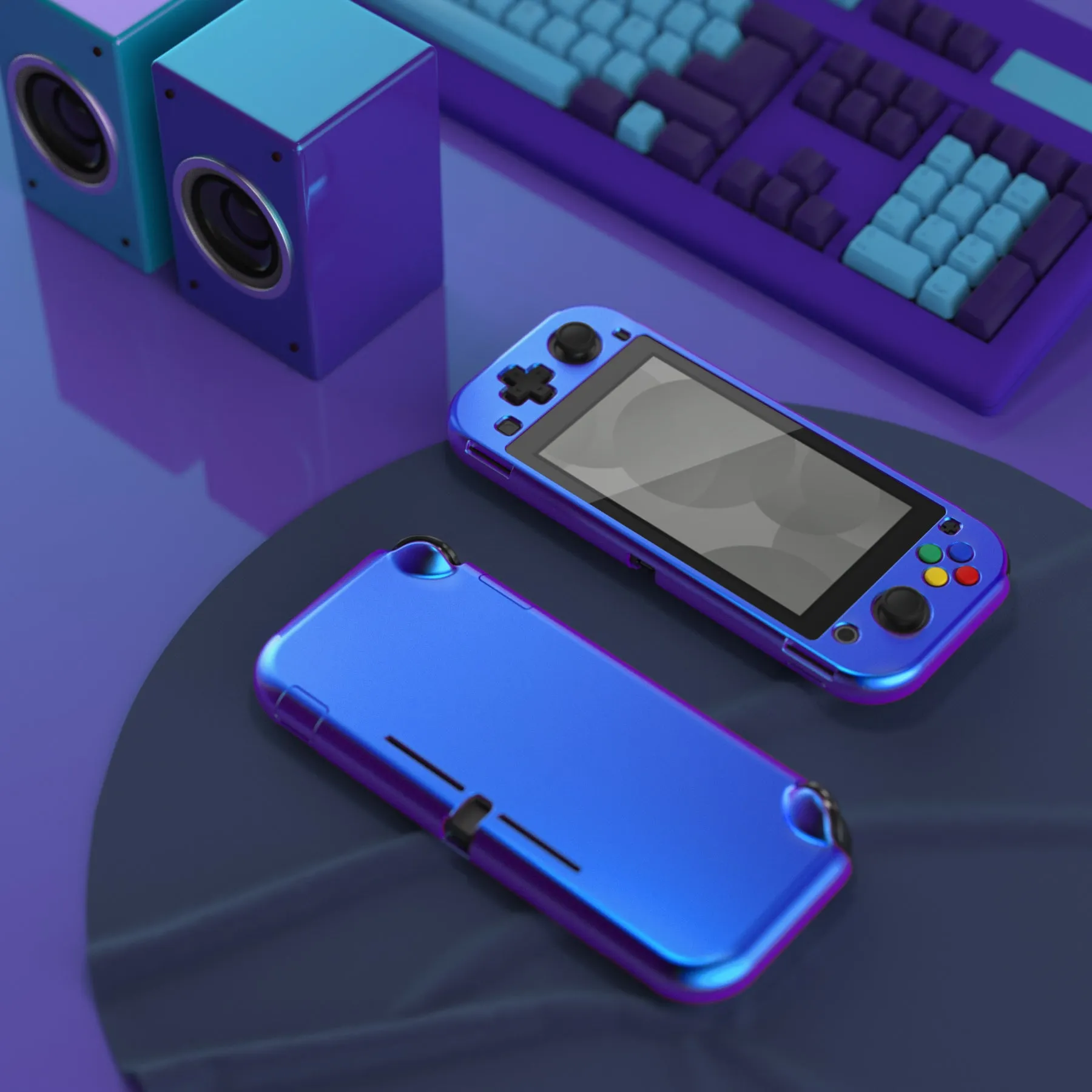 PlayVital Glossy Chameleon Purple Blue Customized Protective Case for NS Switch Lite, Hard Cover Protector for NS Switch Lite - 1 x Black Border Tempered Glass Screen Protector Included - YYNLP001