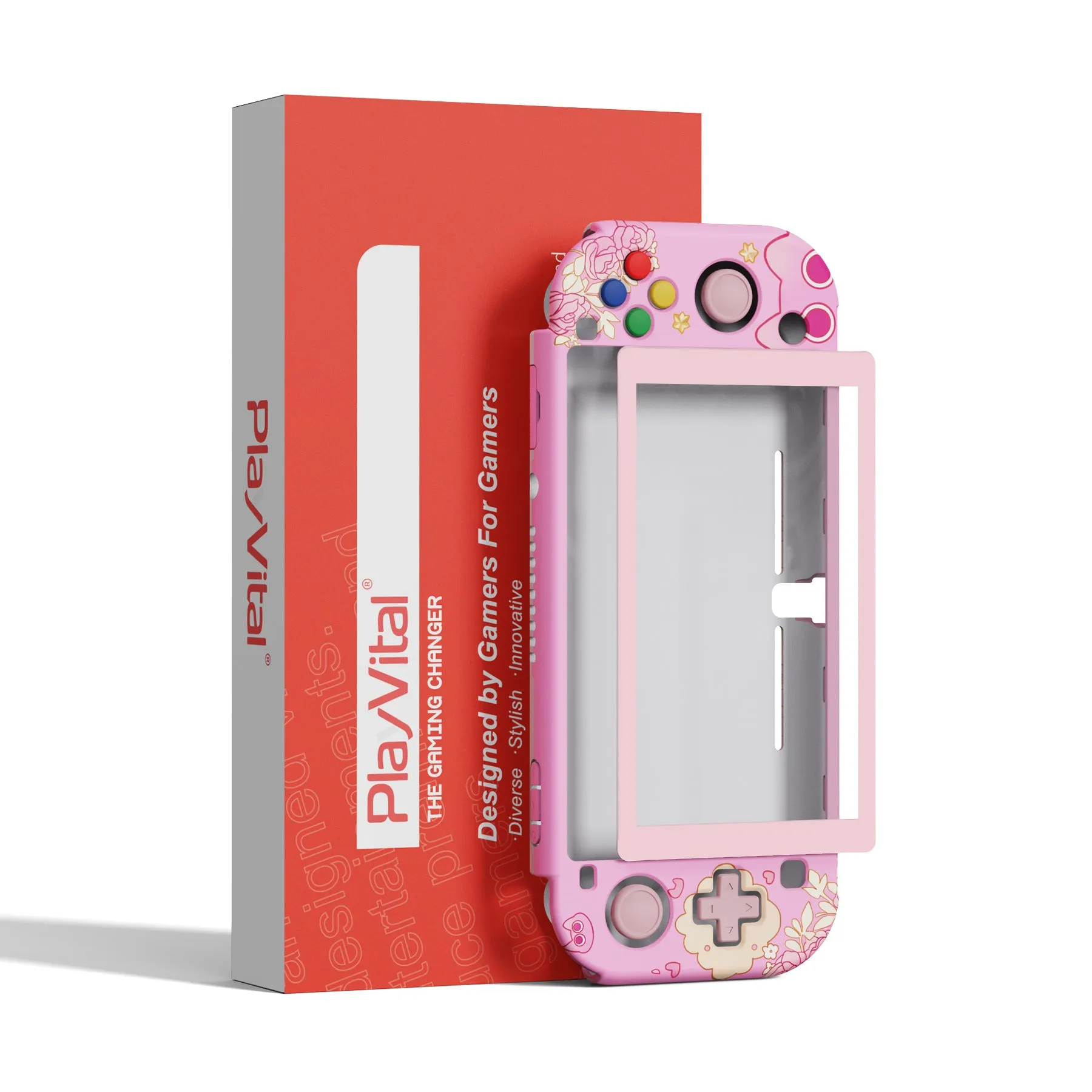 PlayVital ZealProtect Protective Case for Nintendo Switch Lite, Hard Shell Ergonomic Grip Cover for Switch Lite w/Screen Protector & Thumb Grip Caps & Button Caps - PP & Pink - PSLYR018