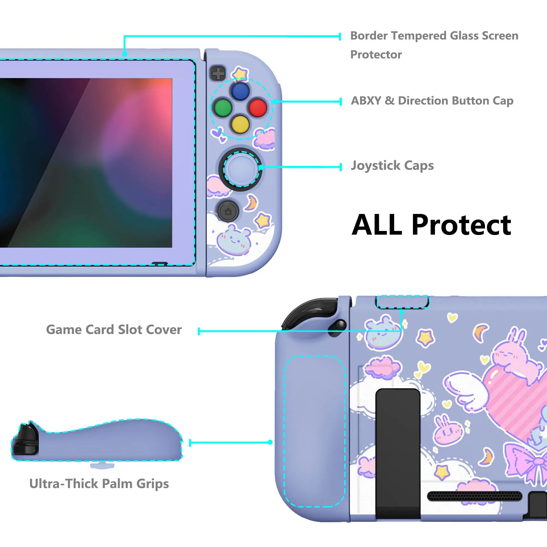 PlayVital ZealProtect Soft Protective Case for Nintendo Switch, Flexible Cover Protector for Nintendo Switch with Tempered Glass Screen Protector & Thumb Grip Caps & ABXY Direction Button Caps - Fantasy Bunny & Bear - RNSYV6010