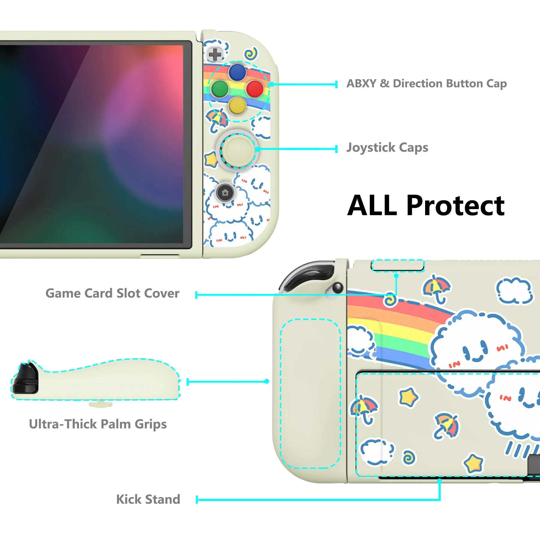 PlayVital ZealProtect Soft Protective Case for Nintendo Switch OLED, Flexible Protector Joycon Grip Cover for Nintendo Switch OLED with Thumb Grip Caps & ABXY Direction Button Caps - Rainbow on Cloud - XSOYV6016