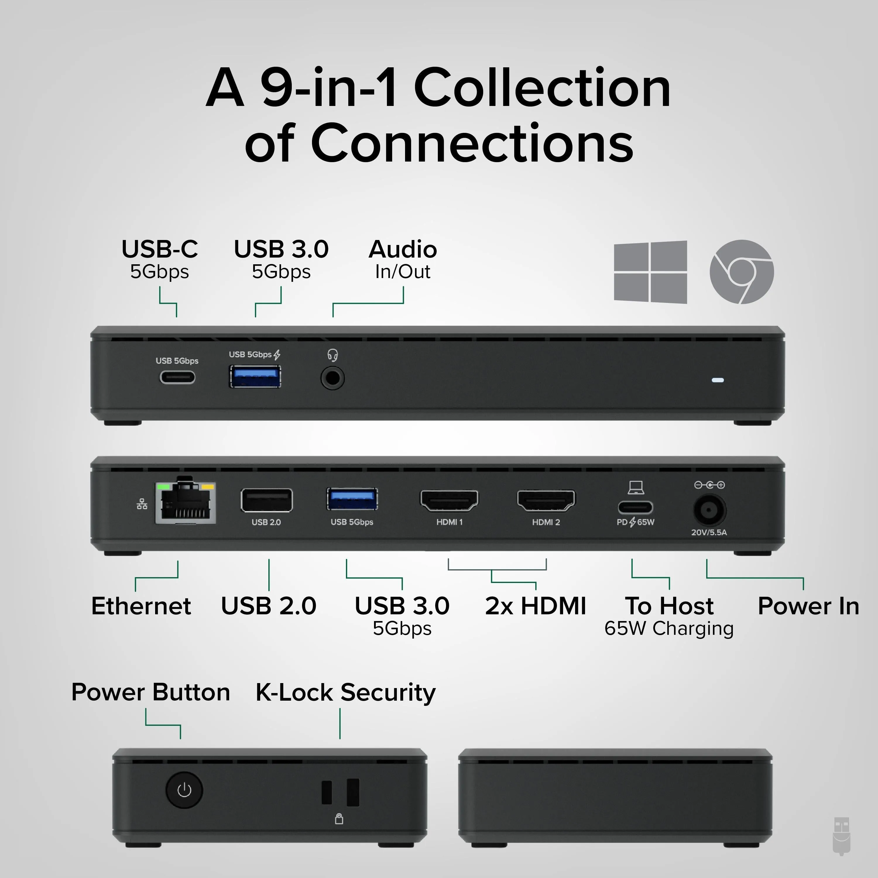 Plugable USB-C Dual HDMI Display Docking Station with 65W Laptop Charging