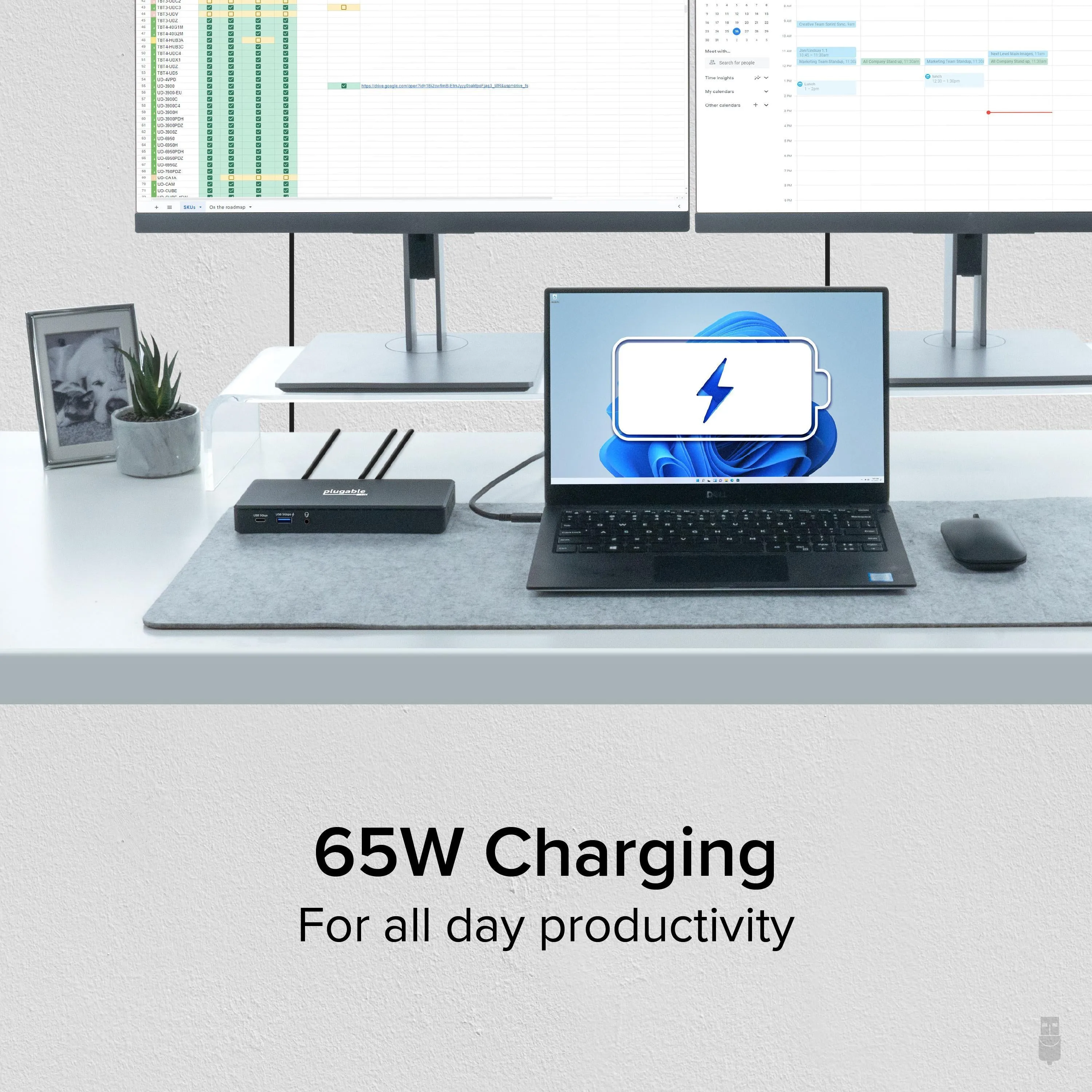 Plugable USB-C Dual HDMI Display Docking Station with 65W Laptop Charging