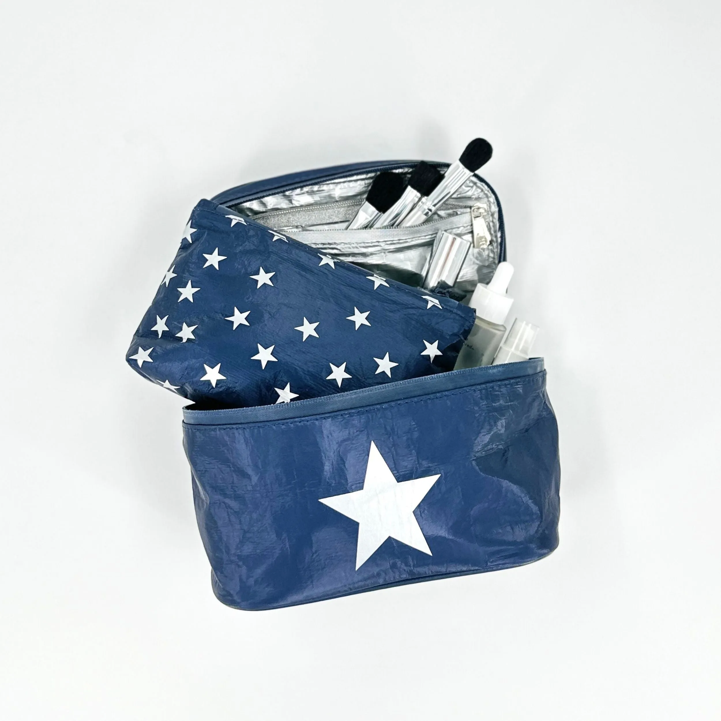 "Reach for the Stars" - Set of Two Cosmetic Case with Mini Pouch in Shimmer Navy Blue with Silver Stars