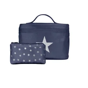 "Reach for the Stars" - Set of Two Cosmetic Case with Mini Pouch in Shimmer Navy Blue with Silver Stars