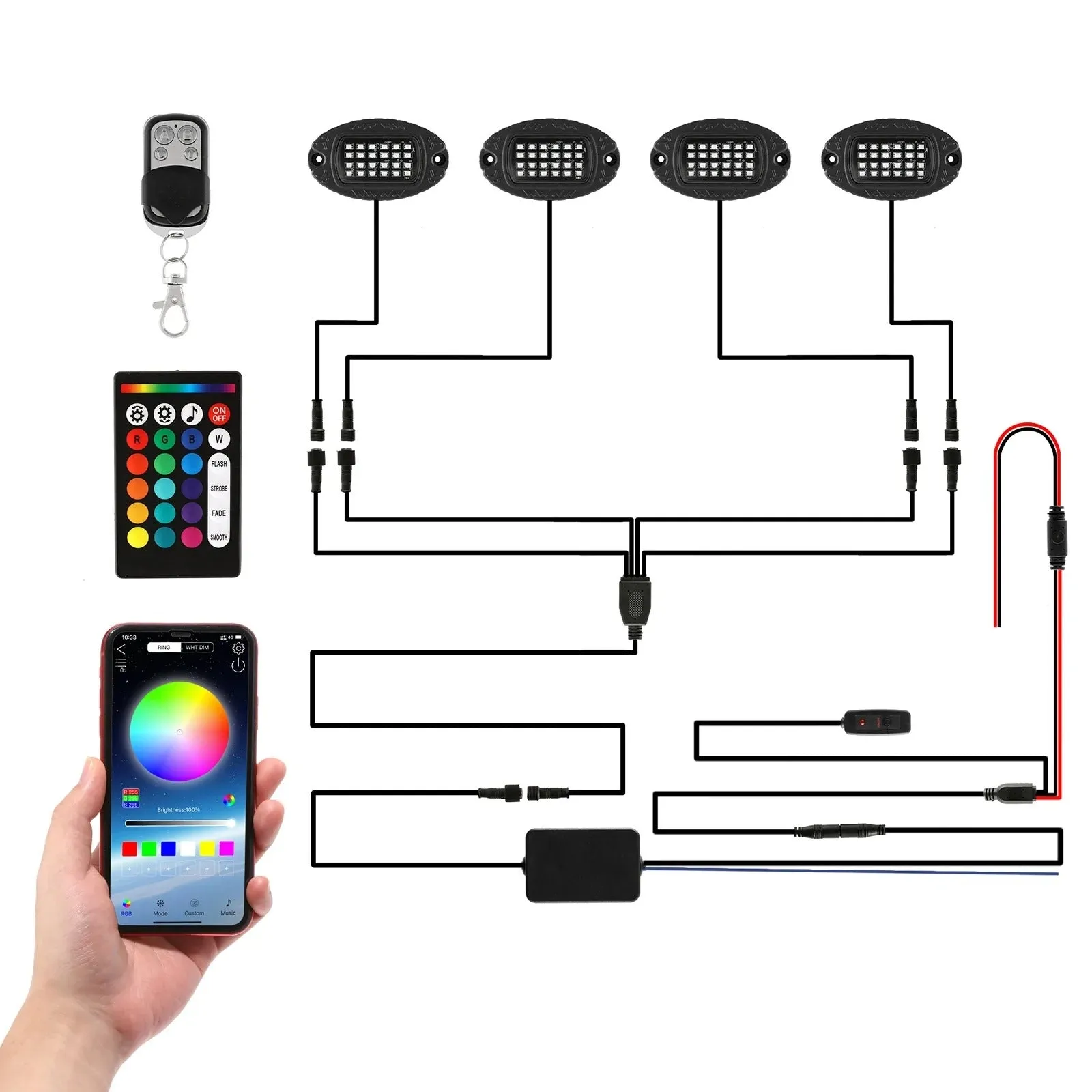 RGBW LED Rock Lights Kit With Bluetooth App & Wireless Remote Control, Multicolor Neon Underglow Lights