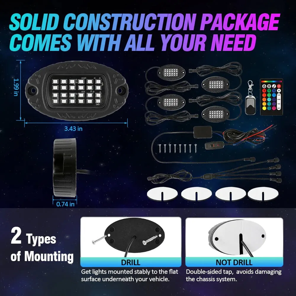 RGBW LED Rock Lights Kit With Bluetooth App & Wireless Remote Control, Multicolor Neon Underglow Lights