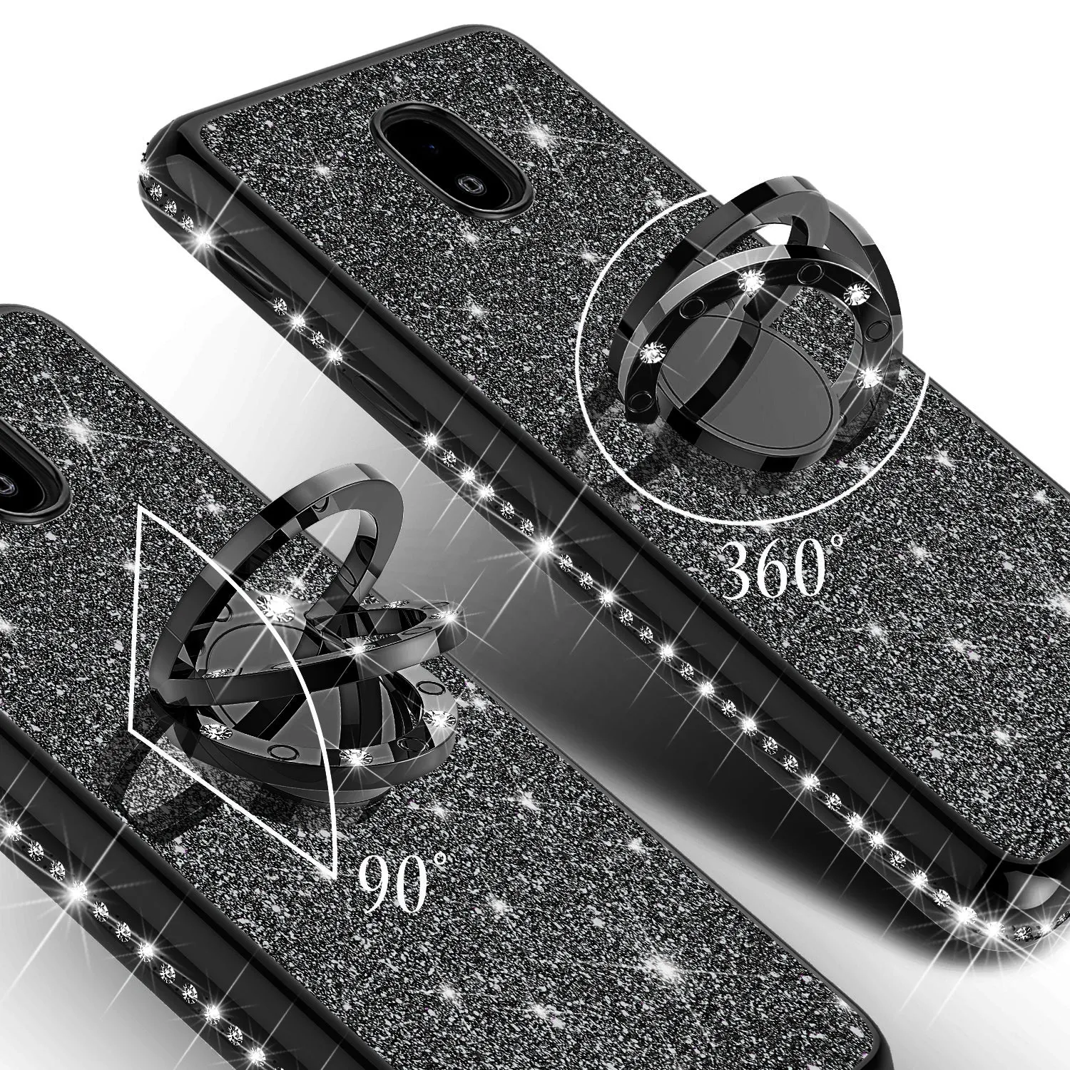 Samsung Galaxy J7 V 2nd Gen/J7 Crown/J7 Top/J7 2018/J7 Star/J7 Achieve/J7 Refine/J7 Aero/J7 Aura Case, Rhinestone Crystal Glitter Cute Style Ring Thing Soft Protective Phone Cover Girls Women - Black