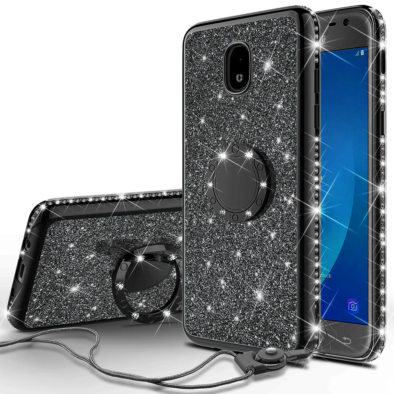 Samsung Galaxy J7 V 2nd Gen/J7 Crown/J7 Top/J7 2018/J7 Star/J7 Achieve/J7 Refine/J7 Aero/J7 Aura Case, Rhinestone Crystal Glitter Cute Style Ring Thing Soft Protective Phone Cover Girls Women - Black