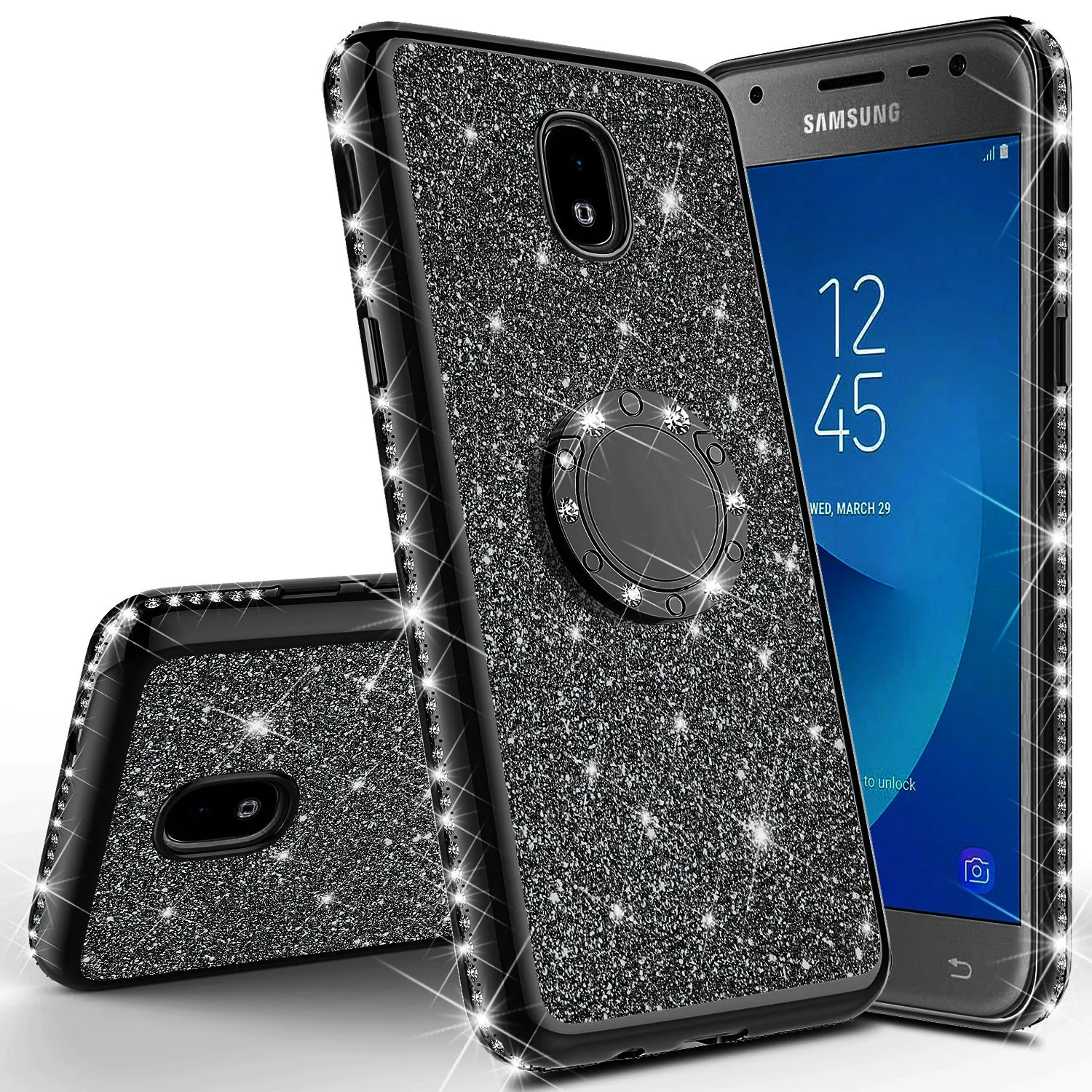 Samsung Galaxy J7 V 2nd Gen/J7 Crown/J7 Top/J7 2018/J7 Star/J7 Achieve/J7 Refine/J7 Aero/J7 Aura Case, Rhinestone Crystal Glitter Cute Style Ring Thing Soft Protective Phone Cover Girls Women - Black