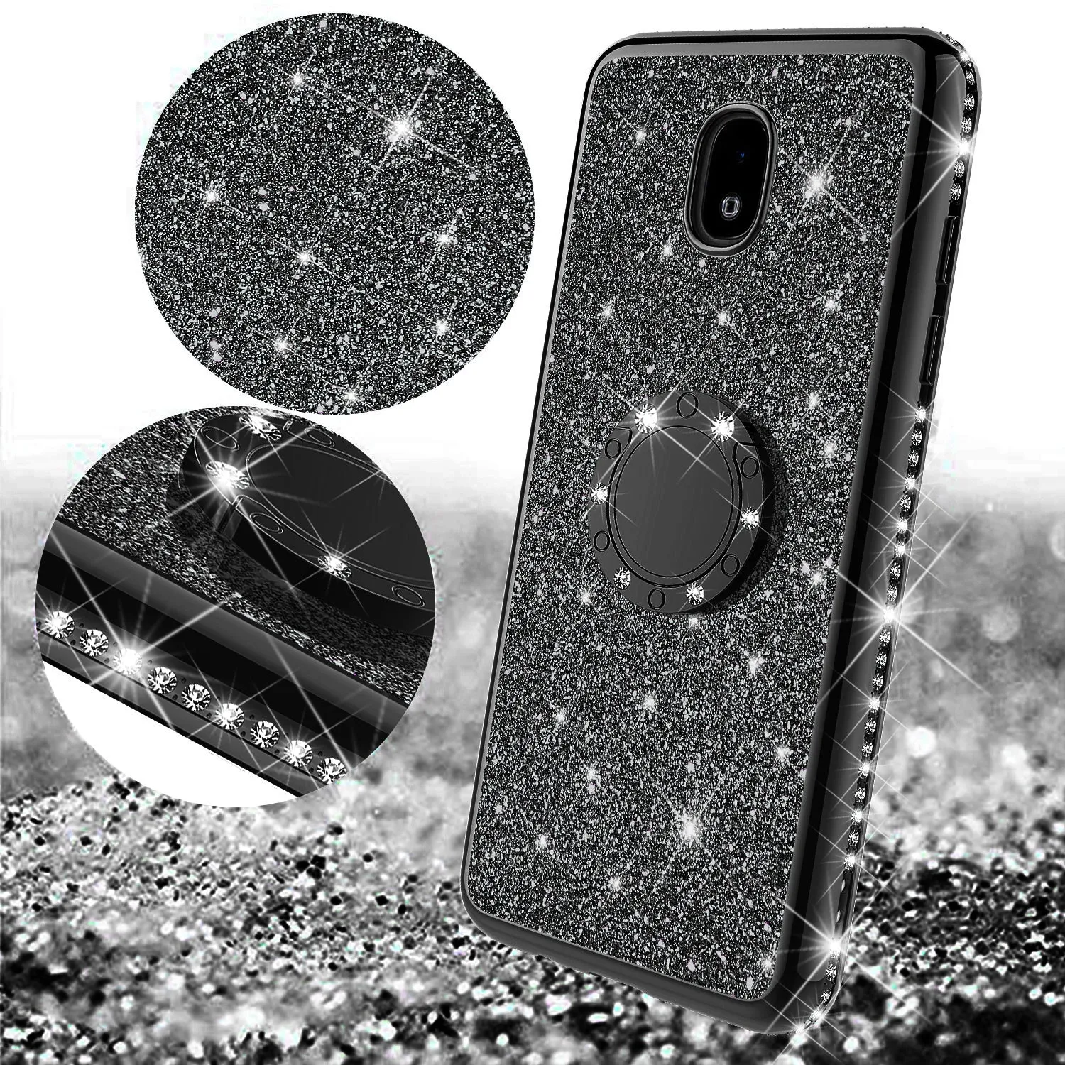 Samsung Galaxy J7 V 2nd Gen/J7 Crown/J7 Top/J7 2018/J7 Star/J7 Achieve/J7 Refine/J7 Aero/J7 Aura Case, Rhinestone Crystal Glitter Cute Style Ring Thing Soft Protective Phone Cover Girls Women - Black