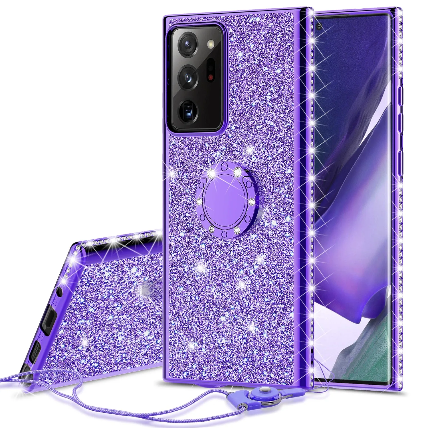 Samsung Galaxy Note 20 Case, Glitter Cute Phone Case Girls with Kickstand,Bling Diamond Rhinestone Bumper Ring Stand Sparkly Luxury Clear Thin Soft Protective Samsung Galaxy Note 20 Case for Girl Women - Purple