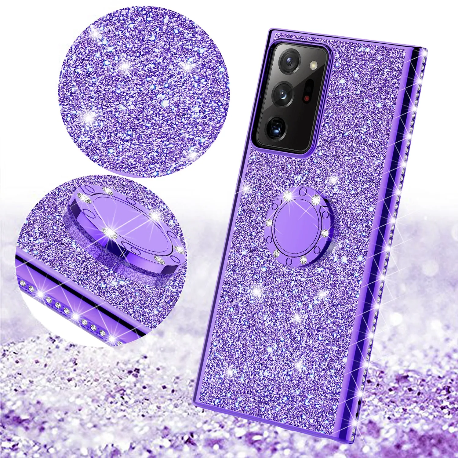 Samsung Galaxy Note 20 Case, Glitter Cute Phone Case Girls with Kickstand,Bling Diamond Rhinestone Bumper Ring Stand Sparkly Luxury Clear Thin Soft Protective Samsung Galaxy Note 20 Case for Girl Women - Purple