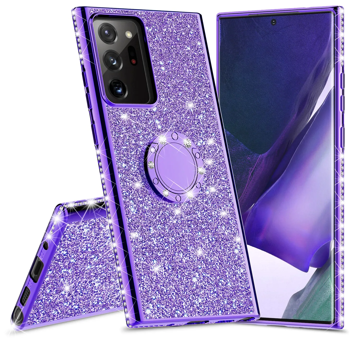 Samsung Galaxy Note 20 Case, Glitter Cute Phone Case Girls with Kickstand,Bling Diamond Rhinestone Bumper Ring Stand Sparkly Luxury Clear Thin Soft Protective Samsung Galaxy Note 20 Case for Girl Women - Purple