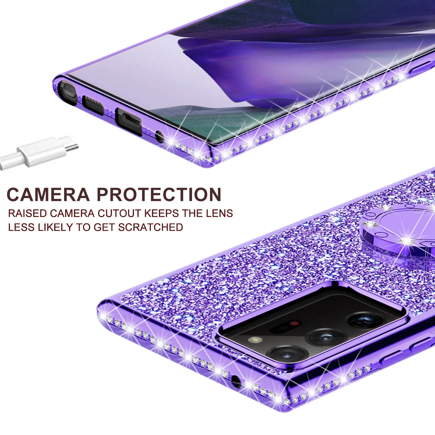 Samsung Galaxy Note 20 Case, Glitter Cute Phone Case Girls with Kickstand,Bling Diamond Rhinestone Bumper Ring Stand Sparkly Luxury Clear Thin Soft Protective Samsung Galaxy Note 20 Case for Girl Women - Purple