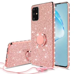 Samsung Galaxy S20 Case, Glitter Cute Phone Case Girls with Kickstand,Bling Diamond Rhinestone Bumper Ring Stand Sparkly Luxury Clear Thin Soft Protective Samsung Galaxy S20 Case for Girl Women - Rose Gold