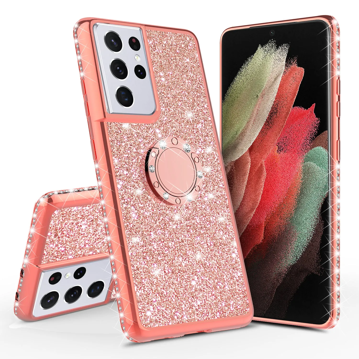 Samsung Galaxy S21 Ultra Case, Glitter Cute Phone Case Girls with Kickstand,Bling Diamond Rhinestone Bumper Ring Stand Sparkly Luxury Clear Thin Soft Protective Samsung Galaxy S21 Ultra Case for Girl Women - Rose Gold