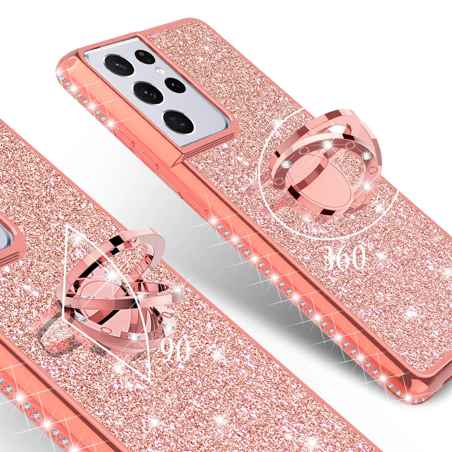 Samsung Galaxy S21 Ultra Case, Glitter Cute Phone Case Girls with Kickstand,Bling Diamond Rhinestone Bumper Ring Stand Sparkly Luxury Clear Thin Soft Protective Samsung Galaxy S21 Ultra Case for Girl Women - Rose Gold