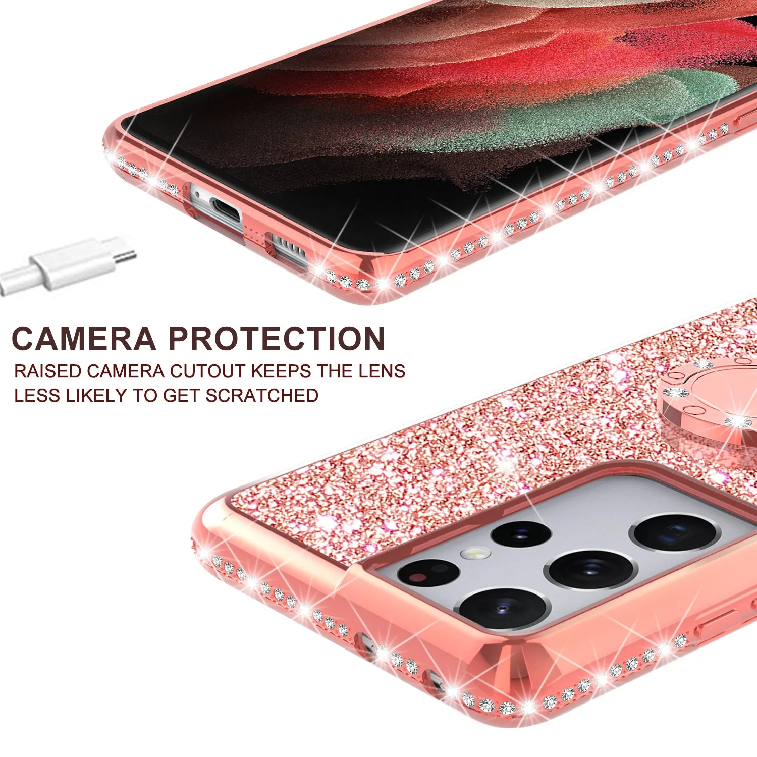 Samsung Galaxy S21 Ultra Case, Glitter Cute Phone Case Girls with Kickstand,Bling Diamond Rhinestone Bumper Ring Stand Sparkly Luxury Clear Thin Soft Protective Samsung Galaxy S21 Ultra Case for Girl Women - Rose Gold