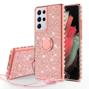 Samsung Galaxy S21 Ultra Case, Glitter Cute Phone Case Girls with Kickstand,Bling Diamond Rhinestone Bumper Ring Stand Sparkly Luxury Clear Thin Soft Protective Samsung Galaxy S21 Ultra Case for Girl Women - Rose Gold