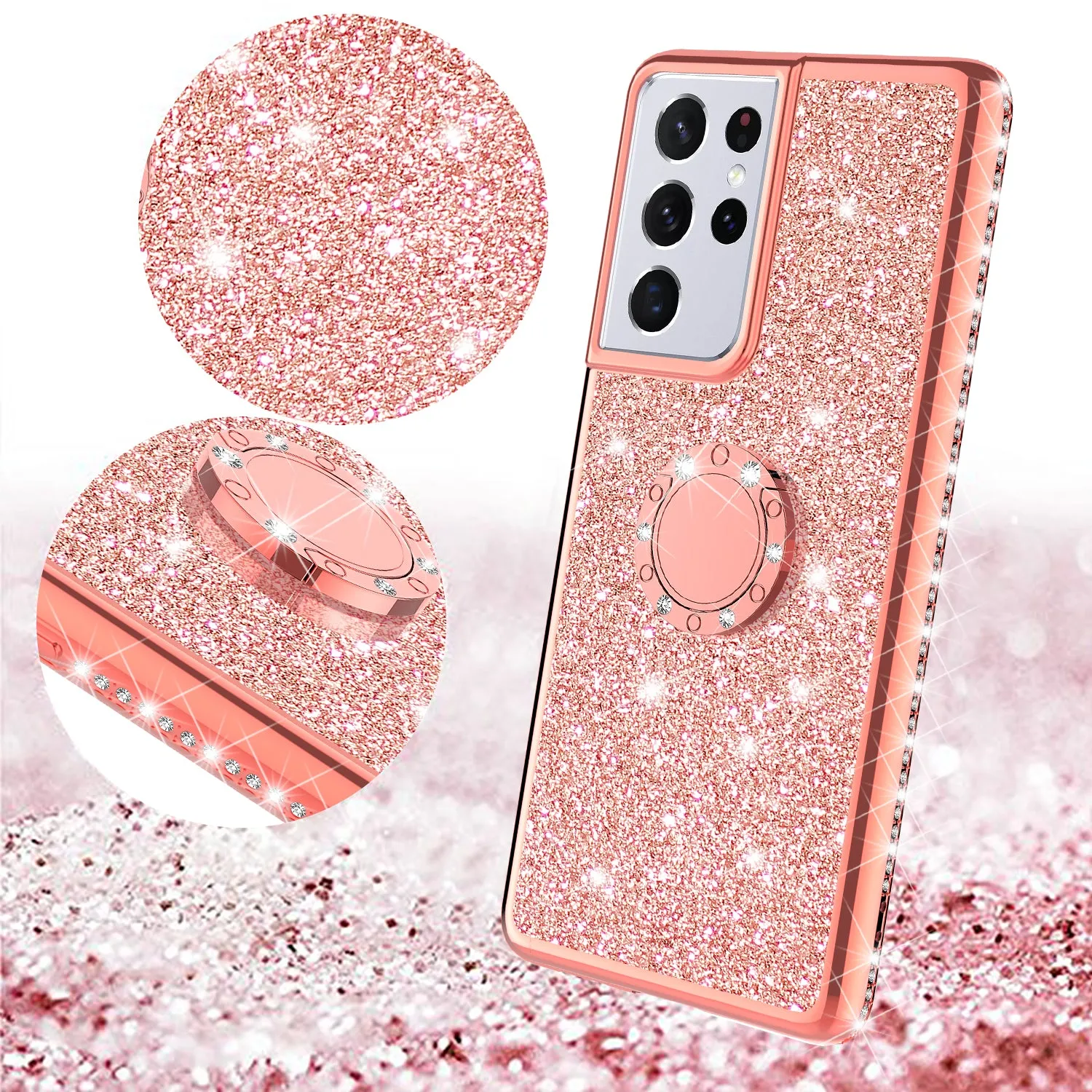 Samsung Galaxy S21 Ultra Case, Glitter Cute Phone Case Girls with Kickstand,Bling Diamond Rhinestone Bumper Ring Stand Sparkly Luxury Clear Thin Soft Protective Samsung Galaxy S21 Ultra Case for Girl Women - Rose Gold