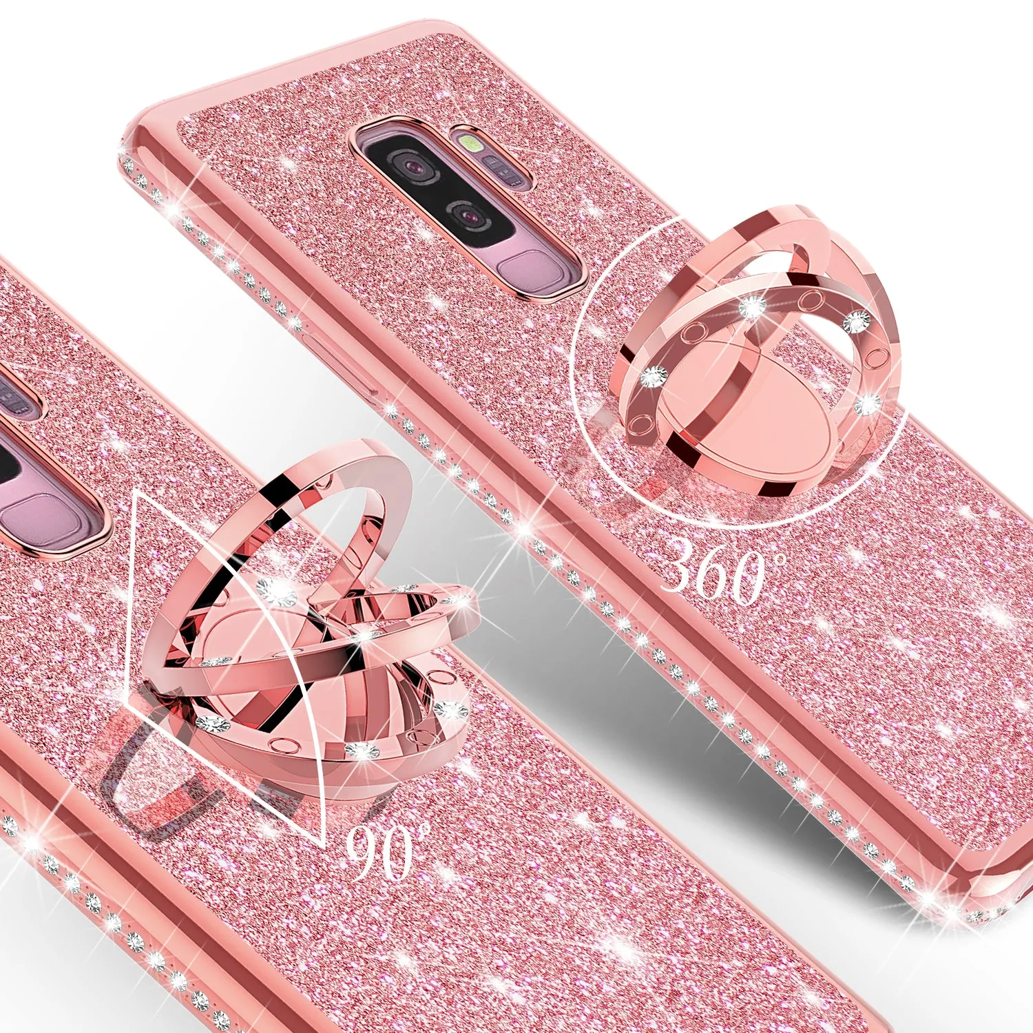 Samsung Galaxy S9 Case, SM-G960U Case, Glitter Cute Phone Case Girls with Kickstand,Bling Diamond Rhinestone Bumper Ring Stand Sparkly Luxury Clear Thin Soft Protective Samsung Galaxy S9 Case for Girl Women - Rose Gold