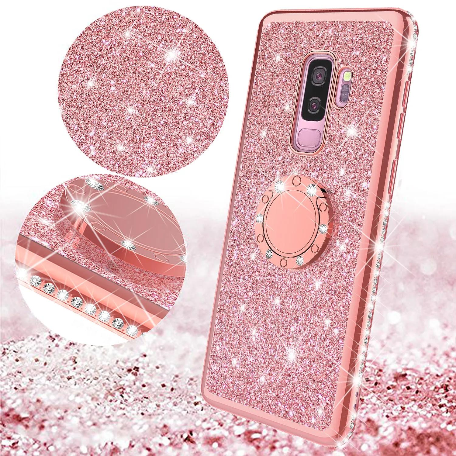 Samsung Galaxy S9 Case, SM-G960U Case, Glitter Cute Phone Case Girls with Kickstand,Bling Diamond Rhinestone Bumper Ring Stand Sparkly Luxury Clear Thin Soft Protective Samsung Galaxy S9 Case for Girl Women - Rose Gold